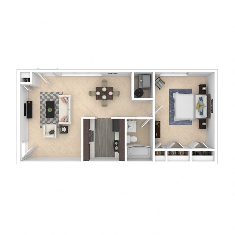 Floor plan for 1 bed, 1 bath, 726 sqft