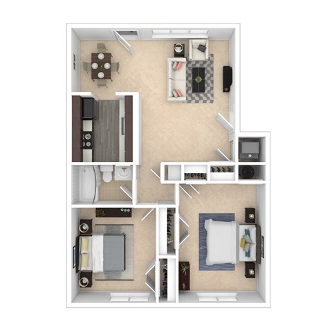 Floor plan for 2 beds, 1 bath, 899 sqft