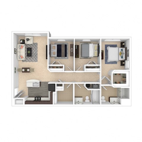 Floor plan for 3 beds, 2 baths, 1051 sqft