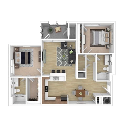 Floor plan for 2 beds, 2 baths, 1045 sqft