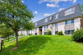 Baltimore apartment for rent - a building with a green lawn and a tree in front of it