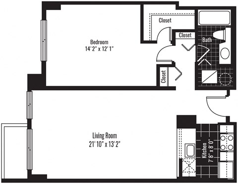 Floor plan for 1 bed, 1 bath, 768 sqft