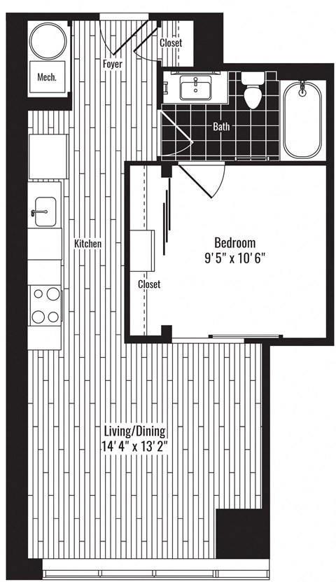 Floor plan for 1 bed, 1 bath, 585 sqft
