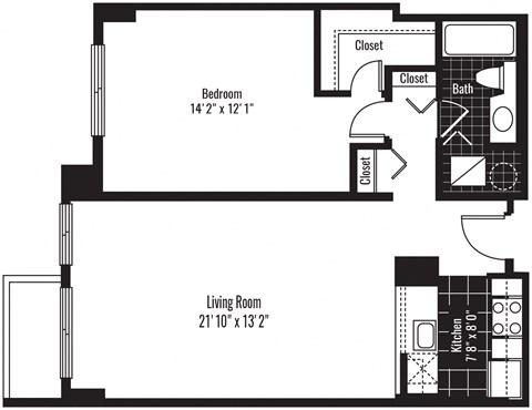 Floor plan for 1 bed, 1 bath, 768 sqft