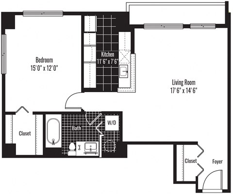 Floor plan for 1 bed, 1 bath, 805 sqft