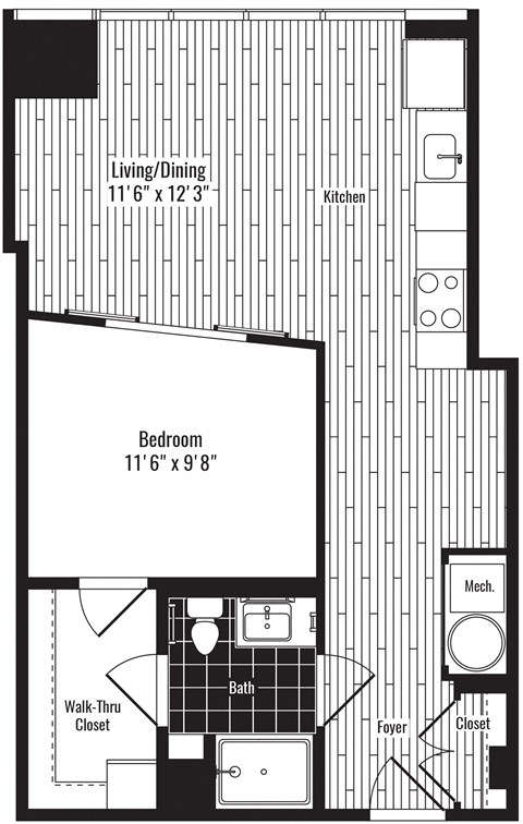 Floor plan for 1 bed, 1 bath, 634 sqft
