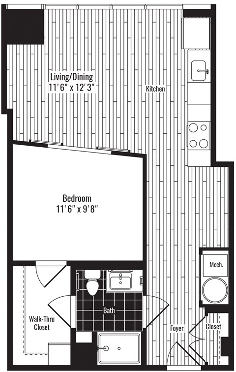 Floor plan for 1 bed, 1 bath, 634 sqft