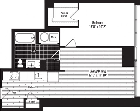 Floor plan for 1 bed, 1 bath, 683 sqft
