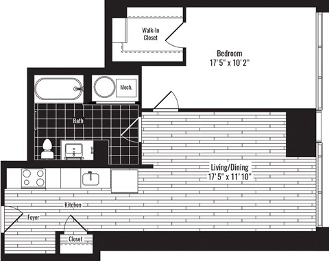 Floor plan for 1 bed, 1 bath, 683 sqft
