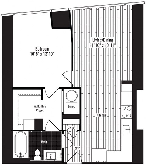 Floor plan for 1 bed, 1 bath, 688 sqft