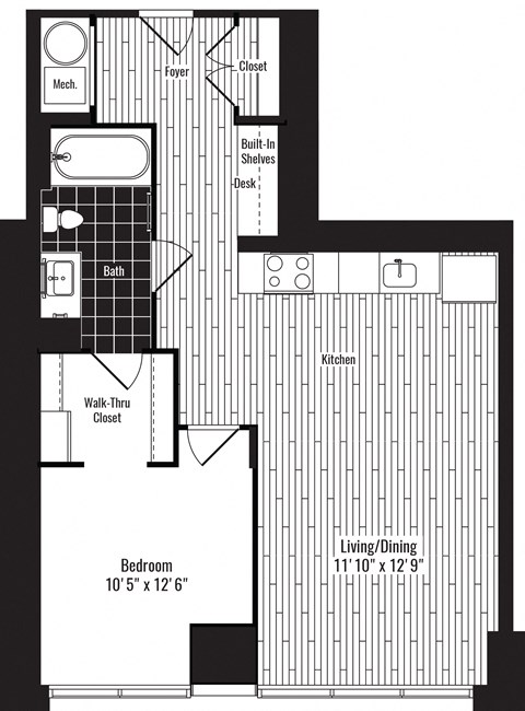 Floor plan for 1 bed, 1 bath, 697 sqft