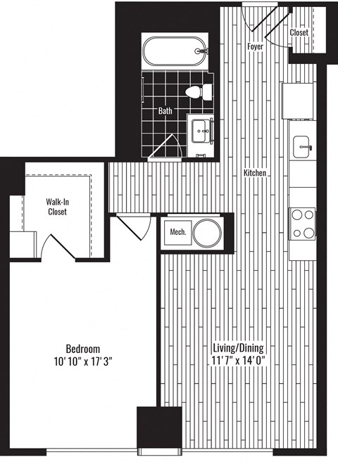 Floor plan for 1 bed, 1 bath, 708 sqft