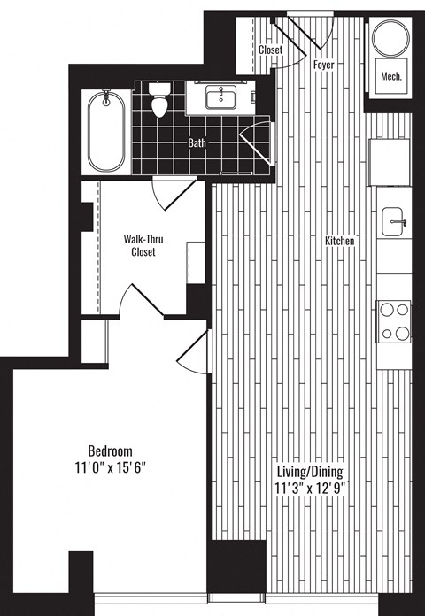 Floor plan for 1 bed, 1 bath, 712 sqft