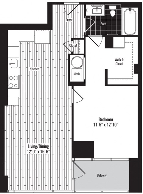 Floor plan for 1 bed, 1 bath, 740 sqft