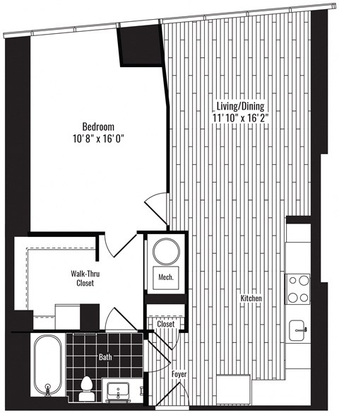 Floor plan for 1 bed, 1 bath, 749 sqft