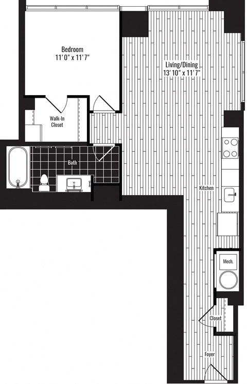 Floor plan for 1 bed, 1 bath, 763 sqft