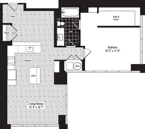 Floor plan for 1 bed, 1 bath, 975 sqft