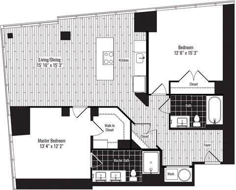 Floor plan for 2 beds, 2 baths, 1100 sqft
