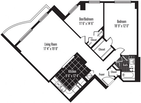Floor plan for 2 beds, 1 bath, 1050 sqft
