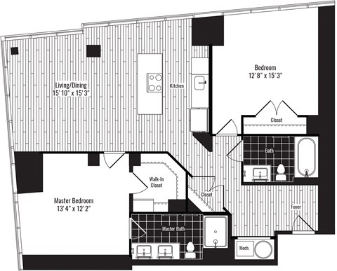 Floor plan for 2 beds, 2 baths, 1100 sqft