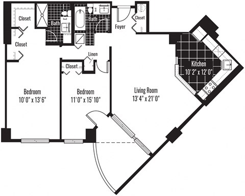 Floor plan for 2 beds, 2 baths, 1160 sqft
