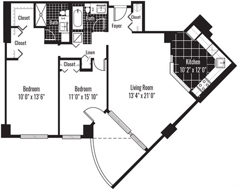 Floor plan for 2 beds, 2 baths, 1160 sqft