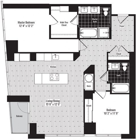 Floor plan for 2 beds, 2 baths, 1245 sqft