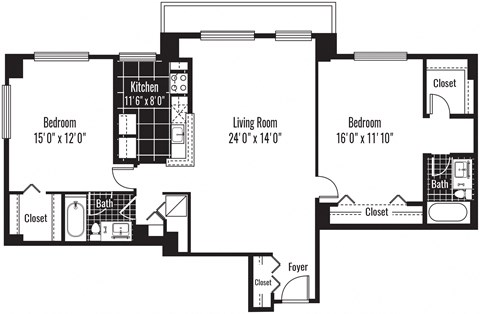 Floor plan for 2 beds, 2 baths, 1250 sqft