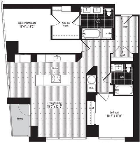 Floor plan for 2 beds, 2 baths, 1245 sqft