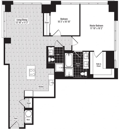 Floor plan for 2 beds, 2 baths, 1250 sqft