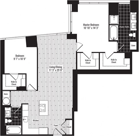 Floor plan for 2 beds, 2 baths, 1276 sqft