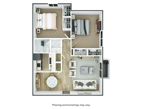 Floor plan for 2 beds, 1 bath, 935 sqft