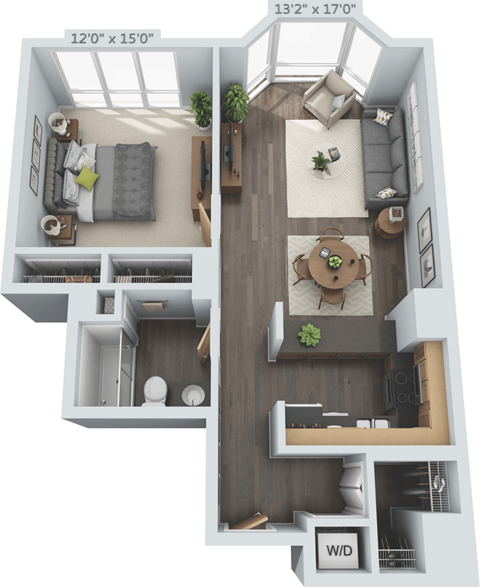 Floor plan for 1 bed, 1 bath, 740 sqft
