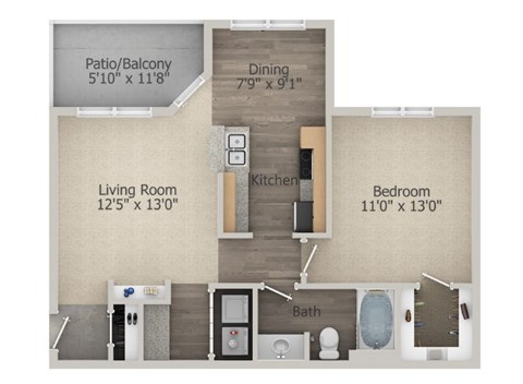 Floor plan for 1 bed, 1 bath, 714 sqft