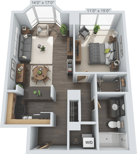 Floor plan for 1 bed, 1 bath, 813 sqft