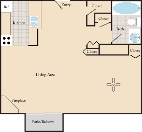 Floor plan for studio, 1 bath, 650 sqft