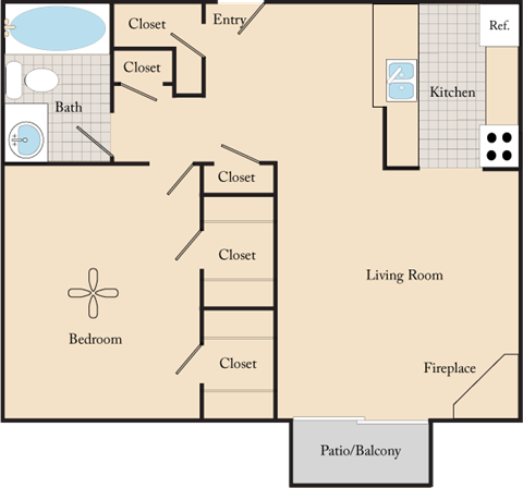 Floor plan for 1 bed, 1 bath, 648 sqft