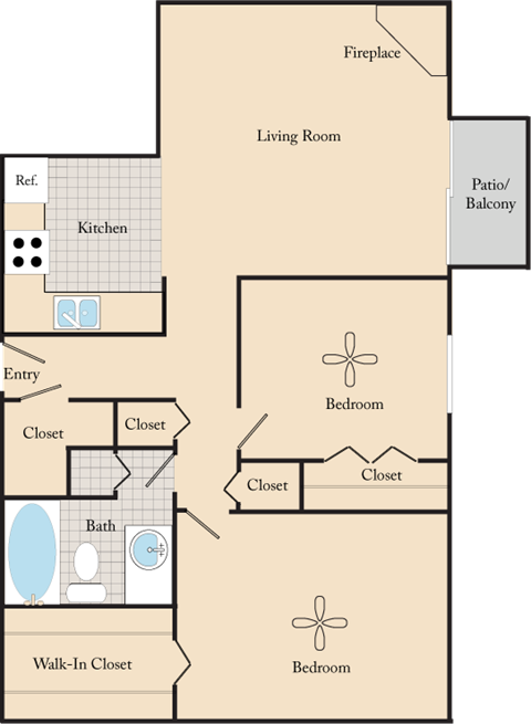 Floor plan for 2 beds, 1 bath, 762 sqft