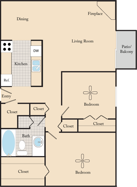 Floor plan for 2 beds, 1 bath, 826 sqft