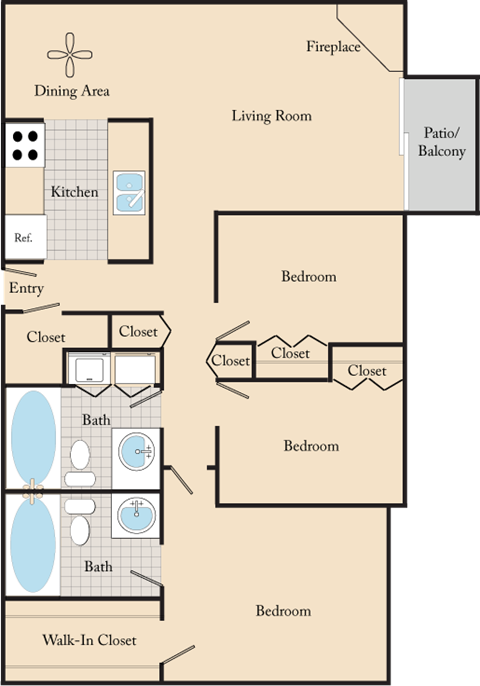 Floor plan for 3 beds, 2 baths, 1100 sqft