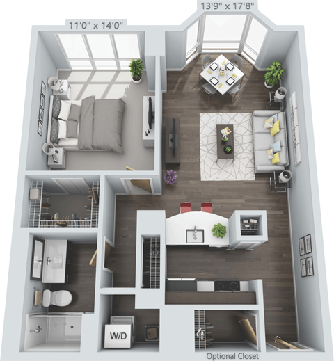 Floor plan for 1 bed, 1 bath, 830 sqft