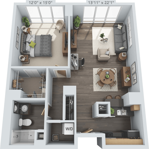 Floor plan for 1 bed, 1 bath, 830 sqft