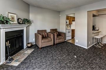 Omaha apartment for rent - a living room with a fireplace and a couch
