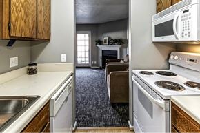 Omaha apartment for rent - a kitchen with a stove microwave and a sink