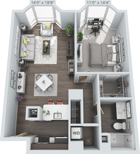 Floor plan for 1 bed, 1 bath, 850 sqft
