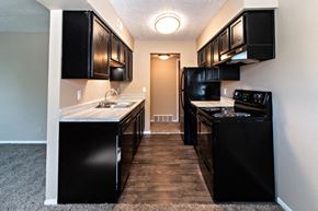 Omaha apartment for rent - a kitchen with a stove and a sink and a refrigerator