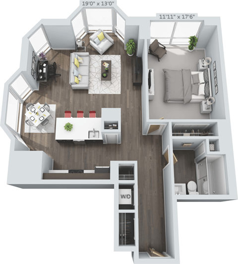 Floor plan for 1 bed, 1 bath, 850 sqft