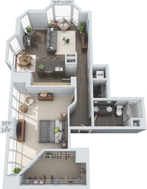 Floor plan for 1 bed, 1 bath, 1070 sqft