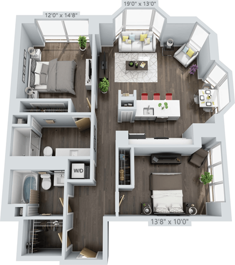Floor plan for 2 beds, 2 baths, 1150 sqft