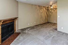 Omaha apartment for rent - a living room with a fireplace and a carpeted floor